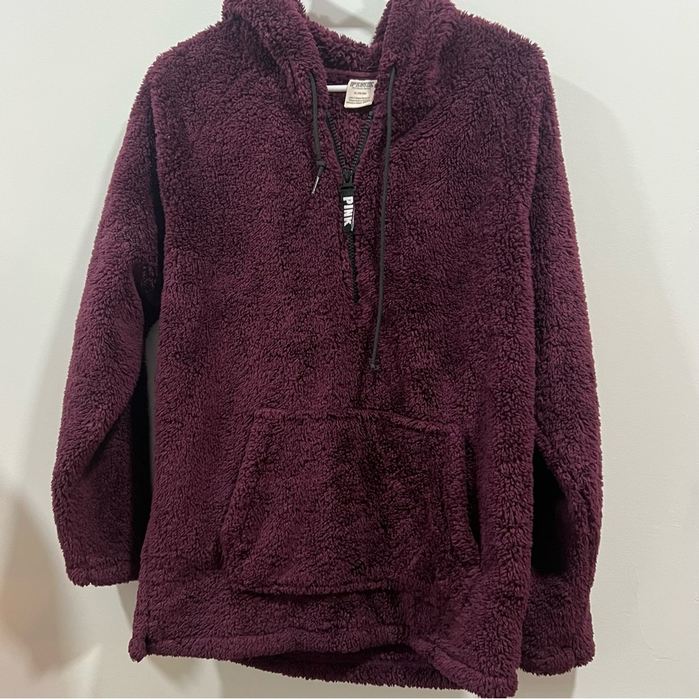 PINK Victoria's Secret Burgundy Sherpa Fleece Hooded 1/2 Zip Pullover Size-Med